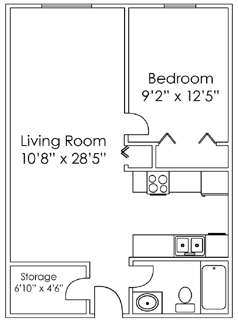 Floor plan for 1 bed, 1 bath, 553 sqft